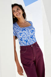 T-shirt Paresseuse en coton Oiseau de Nuit Bleu