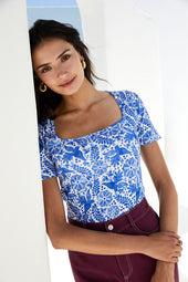T-shirt Paresseuse en coton Oiseau de Nuit Bleu